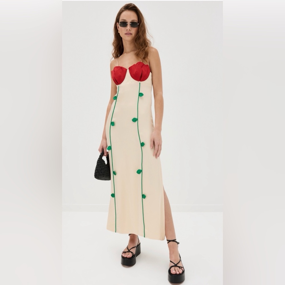 Farm Rio Rose Detailed Midi Satin Dress NWT